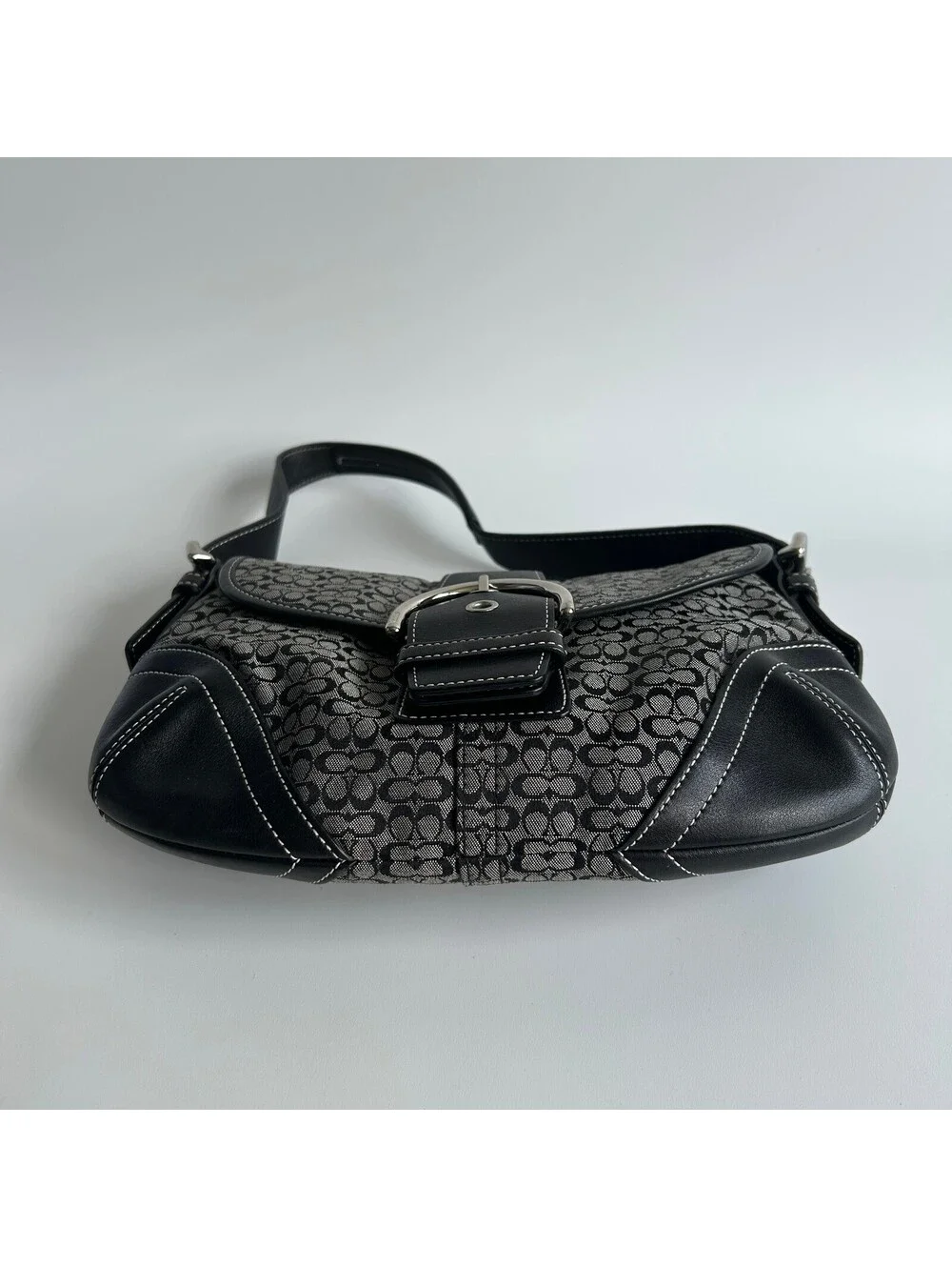 Coach Soho Black Grey Signature Monogram Shoulder Bag Leather Trim Buckle Purse